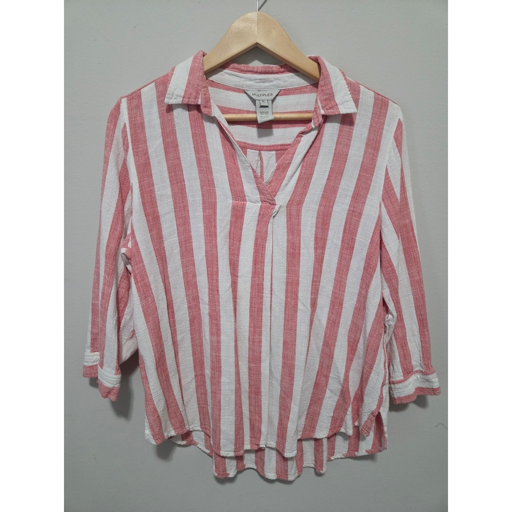 Multiples Red White Striped Linen Blend 3/4 Sleeve V-Neck Blouse XL RN127304